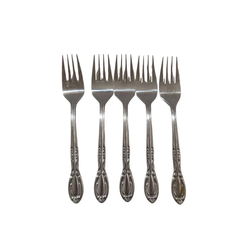 National Stainless Japan Floral Salad Forks Set of 5 Silver Tone Flatware 6.25in